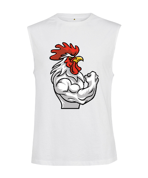 Tisho - Kaslı Sporcu Fitness Güçlü Horoz Beyaz Kesik Kol Unisex Tişört