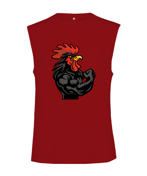Tisho - Kaslı Sporcu Fitness Güçlü Horoz Kırmızı Kesik Kol Unisex Tişört