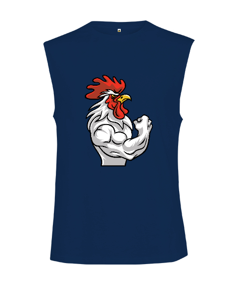 Tisho - Kaslı Sporcu Fitness Güçlü Horoz Lacivert Kesik Kol Unisex Tişört