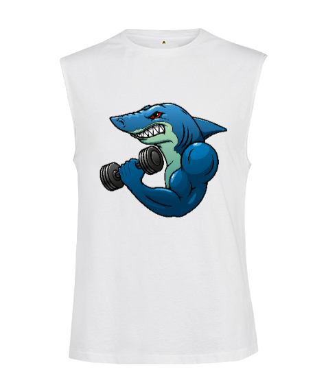 Tisho - Kaslı Sporcu Fitness Köpek Balığı Beyaz Kesik Kol Unisex Tişört
