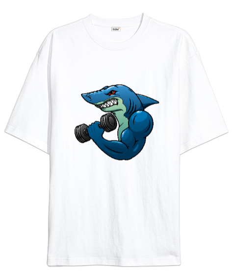Tisho - Kaslı Sporcu Fitness Köpek Balığı Beyaz Oversize Unisex Tişört