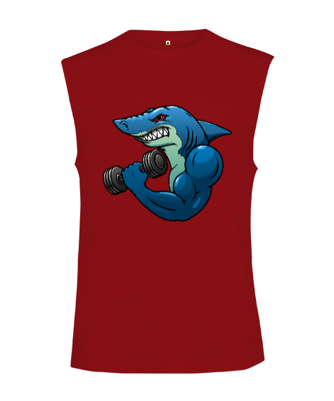 Tisho - Kaslı Sporcu Fitness Köpek Balığı Kırmızı Kesik Kol Unisex Tişört