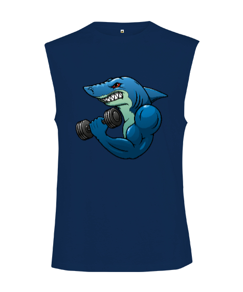 Tisho - Kaslı Sporcu Fitness Köpek Balığı Lacivert Kesik Kol Unisex Tişört