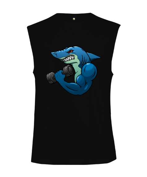 Tisho - Kaslı Sporcu Fitness Köpek Balığı Siyah Kesik Kol Unisex Tişört
