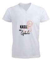 Kaslı ve öfkeli Beyaz Erkek Kısa Kol V Yaka Tişört - Tisho