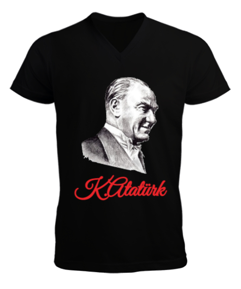 Tisho - K.Atatürk Siyah Baskılı Kırmızı Yazılı Siyah Erkek Kısa Kol V Yaka Tişört
