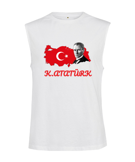 Tisho - K.Atatürk Türkiye Baskılı Beyaz Yarım Kol Beyaz Kesik Kol Unisex Tişört