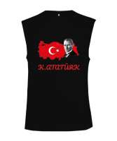 K.Atatürk Türkiye Baskılı Siyah Yarım Kol Siyah Kesik Kol Unisex Tişört - Tisho