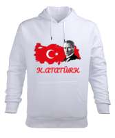 K.Atatürk Türkiye Haritası Baskılı Beyaz Beyaz Erkek Kapüşonlu Hoodie Sweatshirt - Tisho