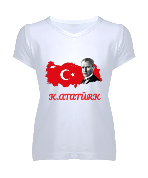 Tisho - K.Atatürk Türkiye Haritası Baskılı Beyaz Beyaz Kadın V Yaka Tişört