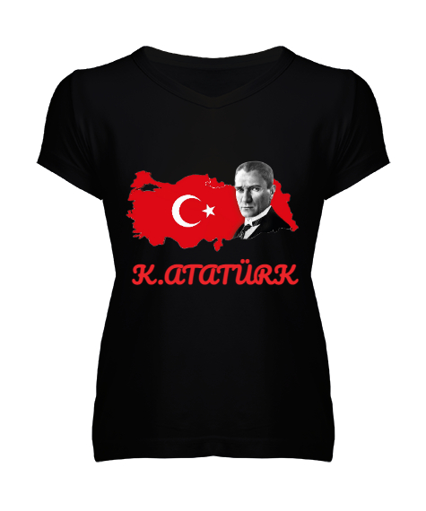 Tisho - K.Atatürk Türkiye Haritası Baskılı Siyah Siyah Kadın V Yaka Tişört