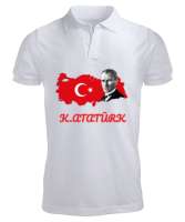 K.Atatürk Türkiye Haritası Baskılı Yakalı Beyaz Beyaz Erkek Kısa Kol Polo Yaka - Tisho