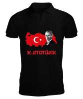 K.Atatürk Türkiye Haritası Baskılı Yakalı Siyah Siyah Erkek Kısa Kol Polo Yaka - Tisho