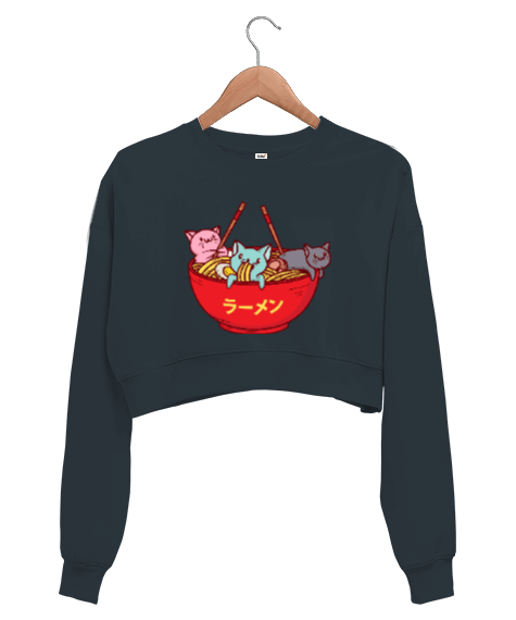 Tisho - Kawai Anime Kedi Füme Kadın Crop Sweatshirt