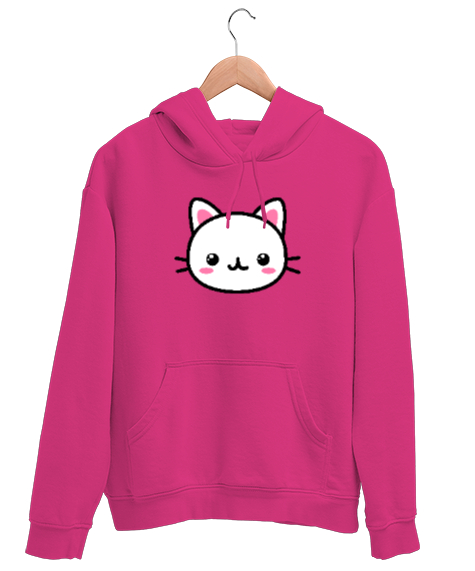 Tisho - KAWAİ KEDİ Fuşya Unisex Kapşonlu Sweatshirt