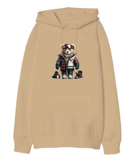 Tisho - Kayakçı Ayıcık, ekose ceketli Camel Oversize Unisex Kapüşonlu Sweatshirt