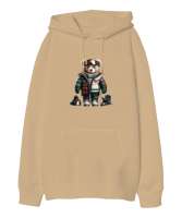 Kayakçı Ayıcık, ekose ceketli Camel Oversize Unisex Kapüşonlu Sweatshirt - Tisho