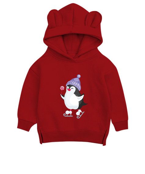 Tisho - Kaykay Penguen Kırmızı Unisex Çocuk Ayı Hoodie Kapşonlu