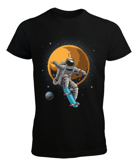 Tisho - Kaykay Yapan Astronot - Retro Skateboarding Astronaut Baskılı Siyah Erkek Tişört