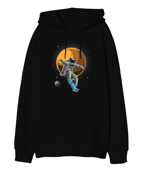 Tisho - Kaykay Yapan Astronot - Retro Skateboarding Astronaut Baskılı Siyah Oversize Unisex Kapüşonlu Sweatshirt