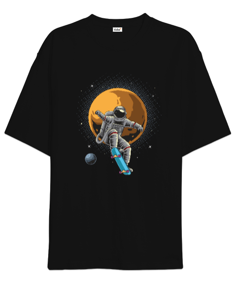 Tisho - Kaykay Yapan Astronot - Retro Skateboarding Astronaut Baskılı Siyah Oversize Unisex Tişört