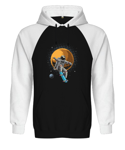 Tisho - Kaykay Yapan Astronot - Retro Skateboarding Astronaut Baskılı Siyah/Beyaz Orjinal Reglan Hoodie Unisex Sweatshirt