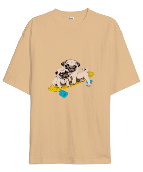 Tisho - Kaykay yavru köpek baskılı Camel Oversize Unisex Tişört