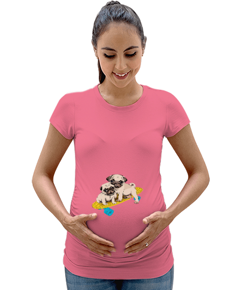 Tisho - Kaykay yavru köpek baskılı Pembe Kadın Hamile Tişört
