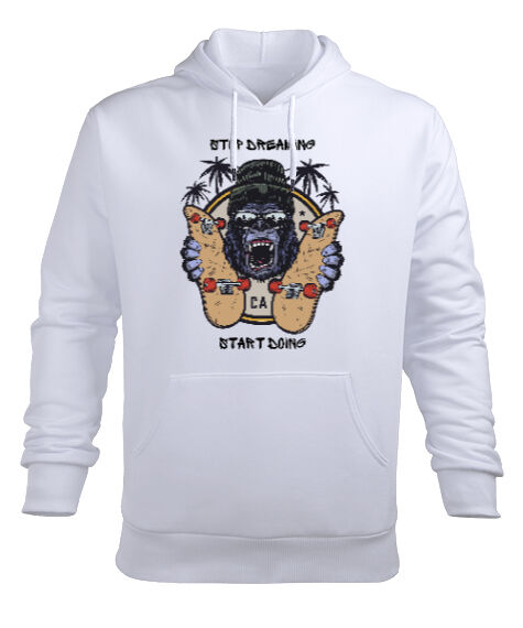 Tisho - Kaykaycı Goril Beyaz Erkek Kapüşonlu Hoodie Sweatshirt
