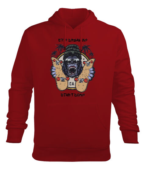 Tisho - Kaykaycı Goril Kırmızı Erkek Kapüşonlu Hoodie Sweatshirt