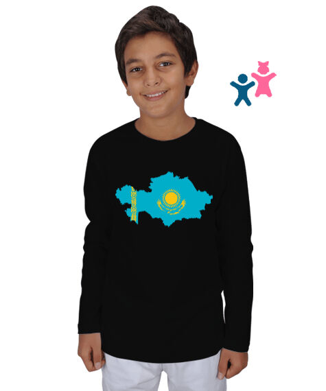 Tisho - Kazakistan, Kazakhstan V4 Siyah Çocuk Unisex Uzunkollu