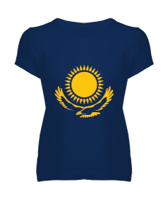 Kazakistan,Kazakhstan,Kazakistan Bayrağı,Kazakistan logosu,Kazakhstan flag. Kadın V Yaka Tişört - Tisho