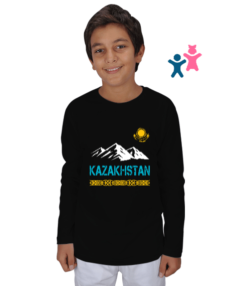 Tisho - Kazakistan,Kazakhstan,Kazakistan Bayrağı,Kazakistan logosu,Kazakhstan flag. Siyah Çocuk Unisex Uzunkollu