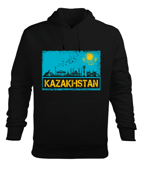 Kazakistan,Kazakhstan,Kazakistan Bayrağı,Kazakistan logosu,Kazakhstan flag. Siyah Erkek Kapüşonlu Hoodie Sweatshirt - Tisho