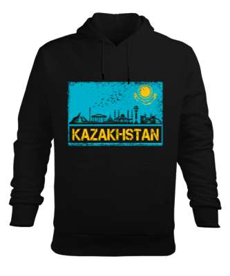 Kazakistan,Kazakhstan,Kazakistan Bayrağı,Kazakistan logosu,Kazakhstan flag. Siyah Erkek Kapüşonlu Hoodie Sweatshirt - Tisho