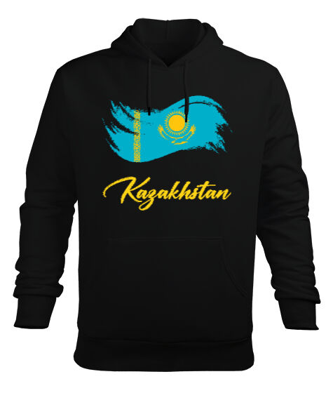 Kazakistan,Kazakhstan,Kazakistan Bayrağı,Kazakistan logosu,Kazakhstan flag. Siyah Erkek Kapüşonlu Hoodie Sweatshirt - Tisho