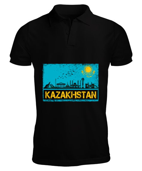 Tisho - Kazakistan,Kazakhstan,Kazakistan Bayrağı,Kazakistan logosu,Kazakhstan flag. Siyah Erkek Kısa Kol Polo Yaka