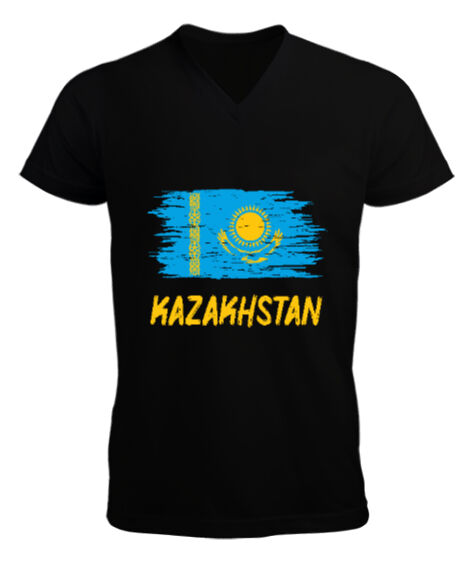 Tisho - Kazakistan,Kazakhstan,Kazakistan Bayrağı,Kazakistan logosu,Kazakhstan flag. Siyah Erkek Kısa Kol V Yaka Tişört