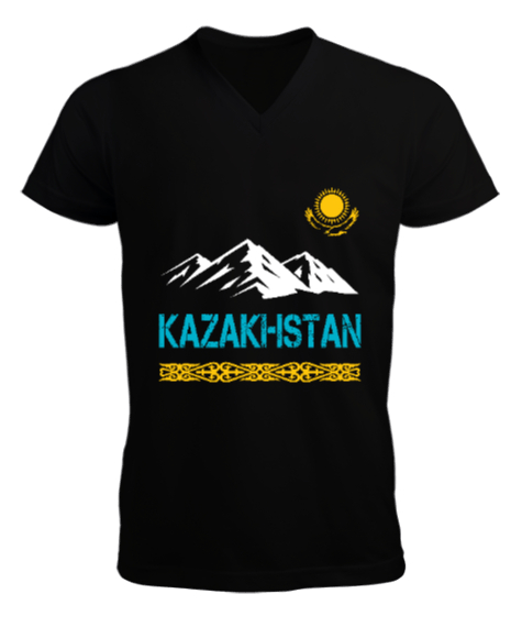 Tisho - Kazakistan,Kazakhstan,Kazakistan Bayrağı,Kazakistan logosu,Kazakhstan flag. Siyah Erkek Kısa Kol V Yaka Tişört
