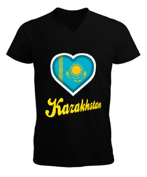 Tisho - Kazakistan,Kazakhstan,Kazakistan Bayrağı,Kazakistan logosu,Kazakhstan flag. Siyah Erkek Kısa Kol V Yaka Tişört