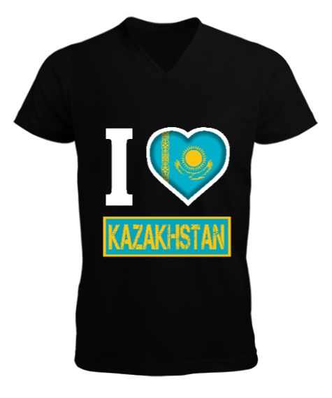 Tisho - Kazakistan,Kazakhstan,Kazakistan Bayrağı,Kazakistan logosu,Kazakhstan flag. Siyah Erkek Kısa Kol V Yaka Tişört