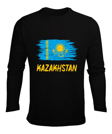 Tisho - Kazakistan,Kazakhstan,Kazakistan Bayrağı,Kazakistan logosu,Kazakhstan flag. Siyah Erkek Uzun Kol Yazlık Tişört