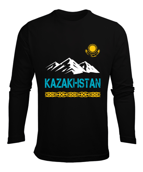 Tisho - Kazakistan,Kazakhstan,Kazakistan Bayrağı,Kazakistan logosu,Kazakhstan flag. Siyah Erkek Uzun Kol Yazlık Tişört