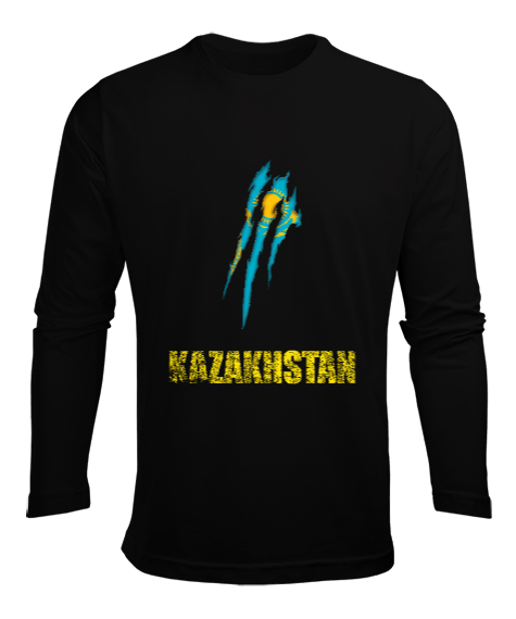 Tisho - Kazakistan,Kazakhstan,Kazakistan Bayrağı,Kazakistan logosu,Kazakhstan flag. Siyah Erkek Uzun Kol Yazlık Tişört