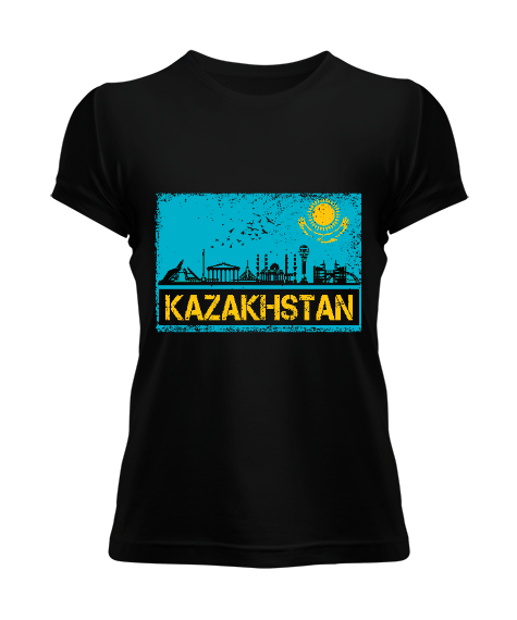 Tisho - Kazakistan,Kazakhstan,Kazakistan Bayrağı,Kazakistan logosu,Kazakhstan flag. Siyah Kadın Tişört