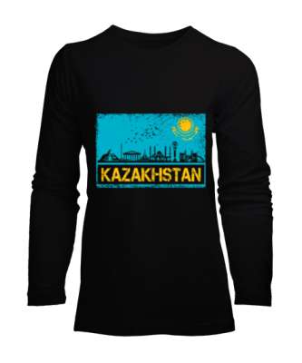 Kazakistan,Kazakhstan,Kazakistan Bayrağı,Kazakistan logosu,Kazakhstan flag. Siyah Kadın Uzun Kol Tişört - Tisho