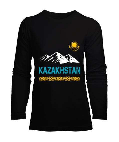 Tisho - Kazakistan,Kazakhstan,Kazakistan Bayrağı,Kazakistan logosu,Kazakhstan flag. Siyah Kadın Uzun Kol Tişört