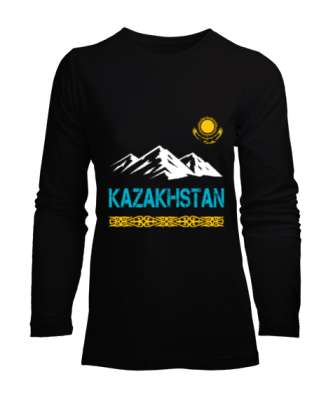 Kazakistan,Kazakhstan,Kazakistan Bayrağı,Kazakistan logosu,Kazakhstan flag. Siyah Kadın Uzun Kol Tişört - Tisho