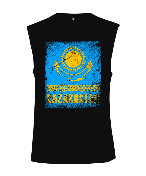 Tisho - Kazakistan,Kazakhstan,Kazakistan Bayrağı,Kazakistan logosu,Kazakhstan flag. Siyah Kesik Kol Unisex Tişört