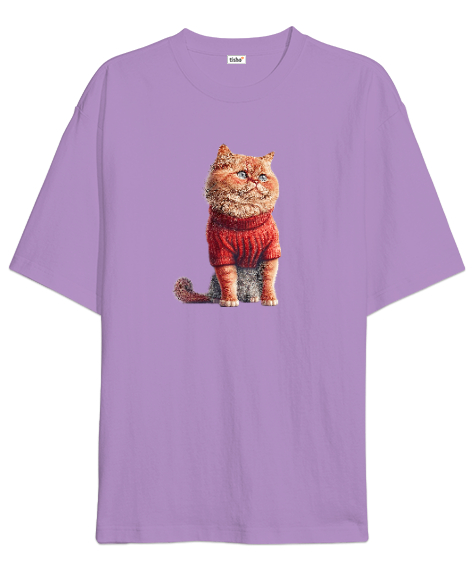 Tisho - Kazaklı Kedi - Cat Lila Oversize Unisex Tişört